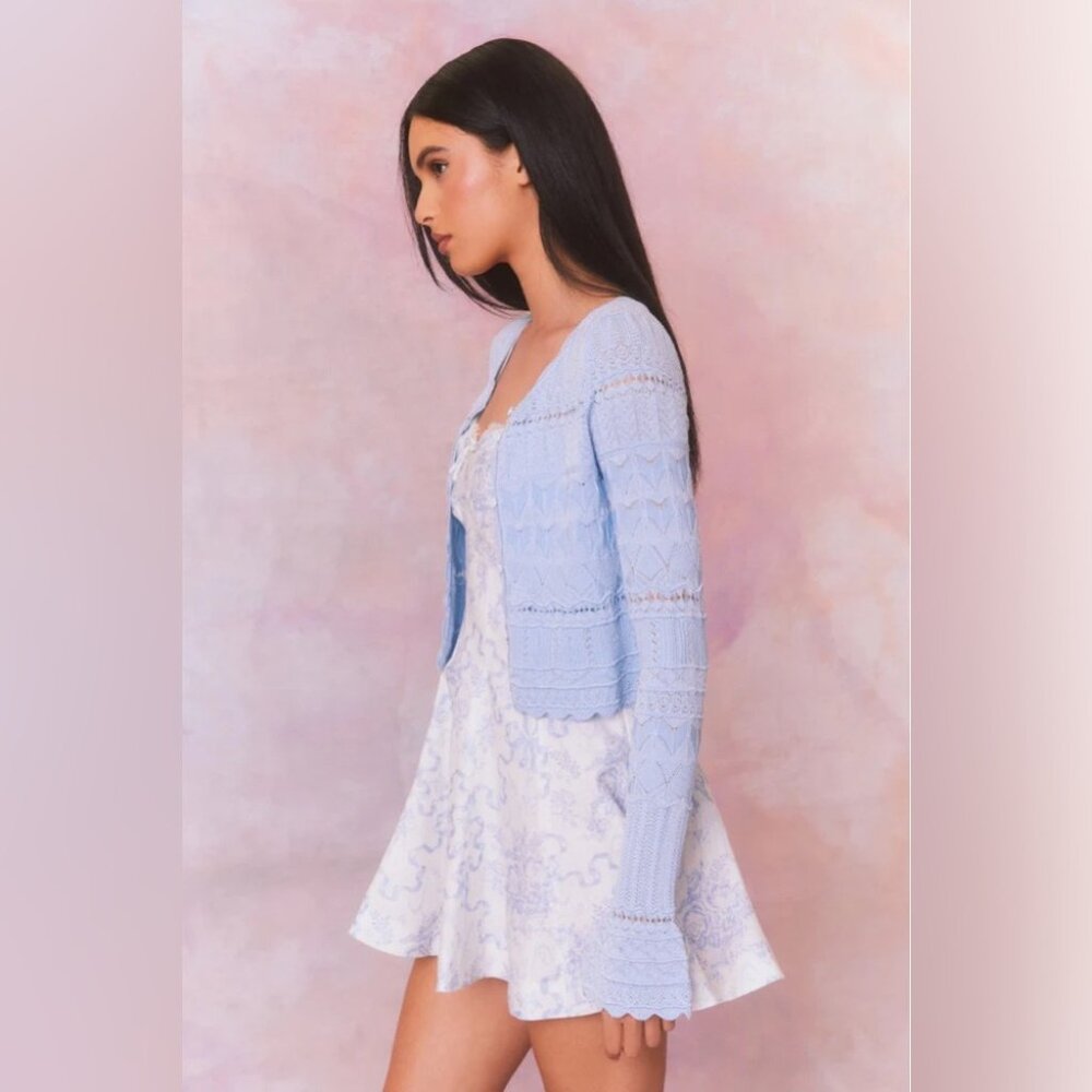 NEW LoveShackFancy Media Pointelle Scallop Cardigan in Morning Tide Blue | sz S - Picture 4 of 14